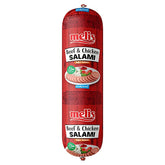 A red pack of Melis - Beef & Chicken Salami (Halal) 500g shows sliced salami images and clear Halal and ready-to-eat labels.